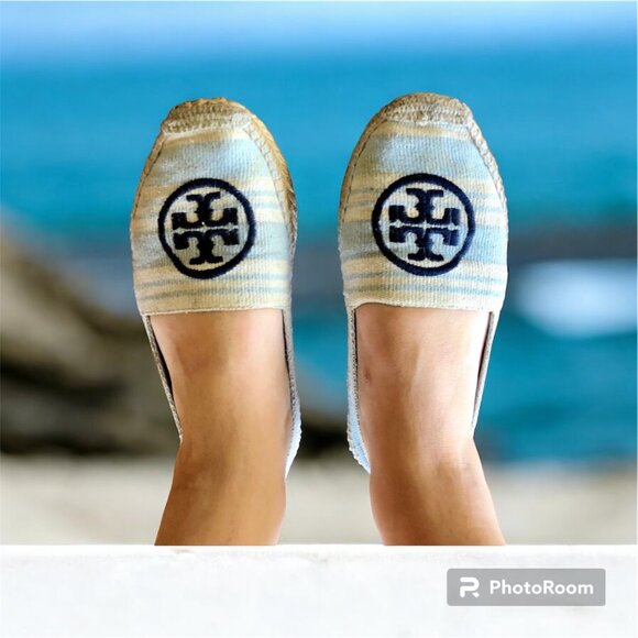 Tory Burch size 10 blue/ cream canvas espadrille - Picture 1 of 8